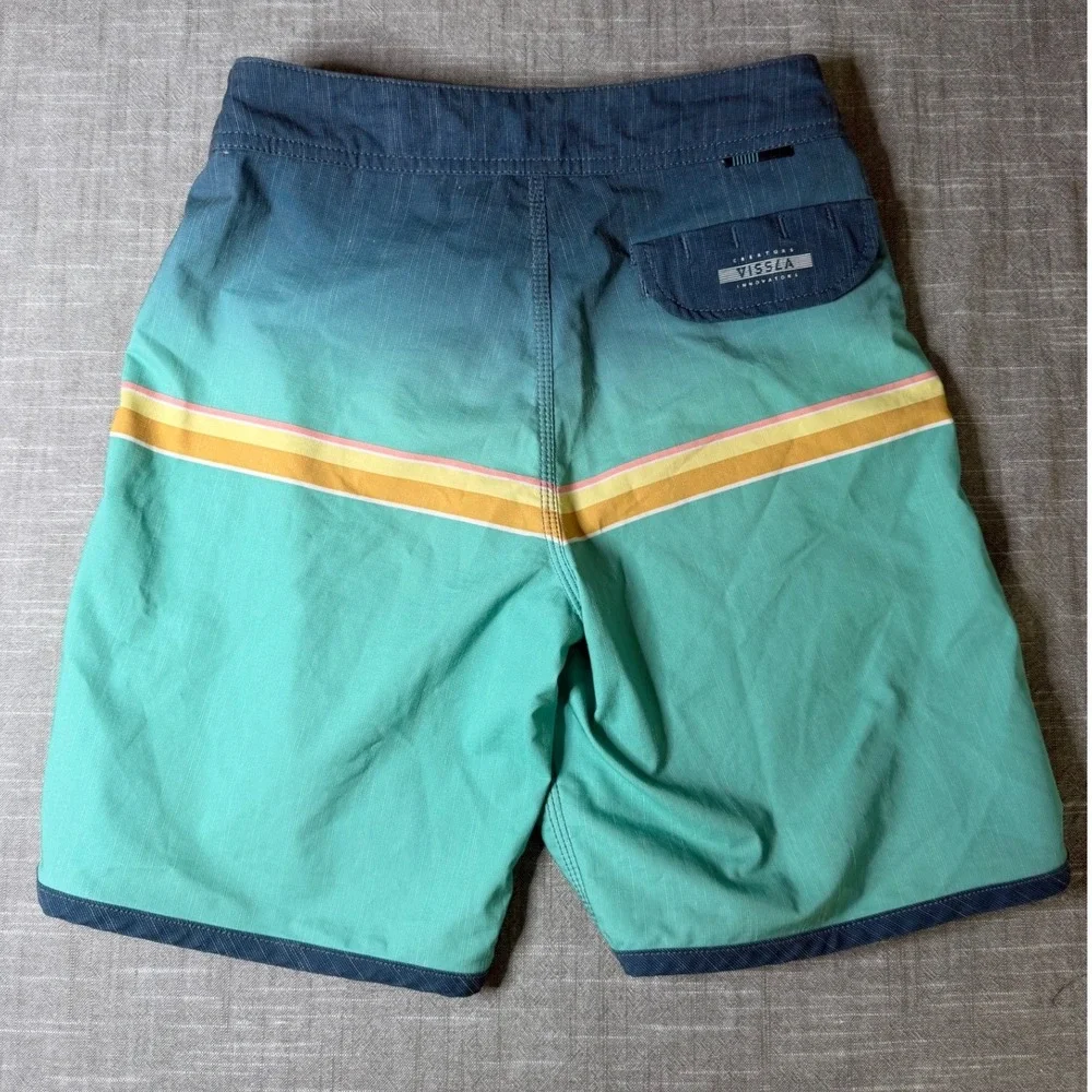 Vissla Boys Board Shorts Size 24 Teal Blue Ombre Stripe Upcycle Poly B111MDRE